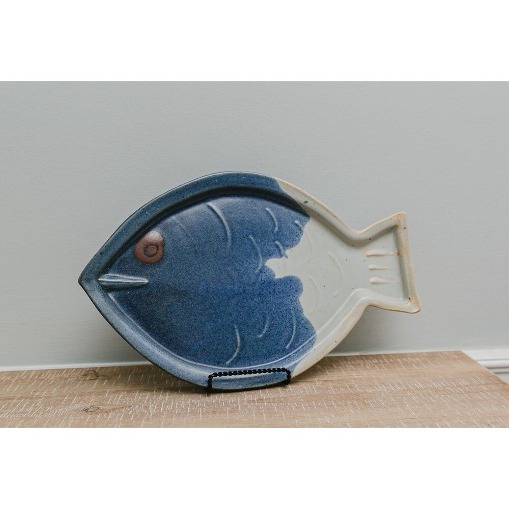 Blue Ceramic Fish Shaped Serving Dish Coastal Kitchen Decor